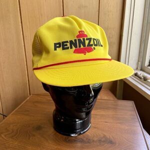 VTG 1980s PENNZOIL Yellow Rope Hat Trucker Cap Snapback Mesh USA Oil Swingster